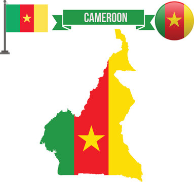 Map of Cameroon with national flag colors and symbols on white background.