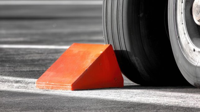 chock. An orange wheel block against a large aircraft tire on tarmac. mobility guides, transit brochures, designed for transport & logistics marketing, improves user orientation.