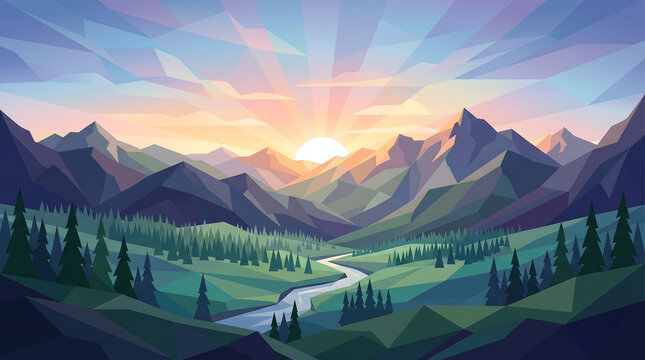 Mountain valley at sunrise with river and forest Generative AI