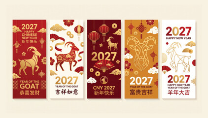 Naklejka premium 2027 chinese new year vertical banner design set featuring goat zodiac and festive elements festival horoscope illustration oriental celebration decorative tradition template astrology