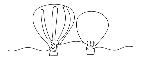 Fototapeta premium Two hot air balloons continuous line drawing minimalist vector art Editable stroke.