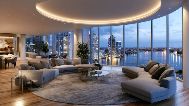 The most luxurious penthouse living room ever imagined overlooking a vast, beautiful city skyline and waterfront