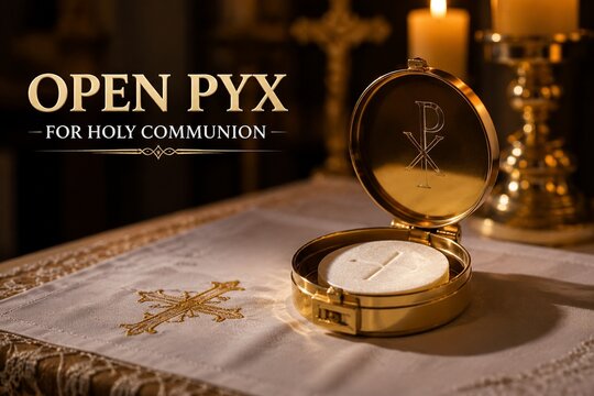 Open pyx containing white communion wafer on altar, illuminated by candlelight, still composition.