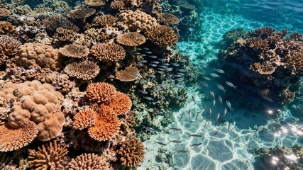 Vibrant coral reef ecosystem with school of fish swimming in clear blue ocean water ideal for marine conservation and diving tourism advertisement © zou