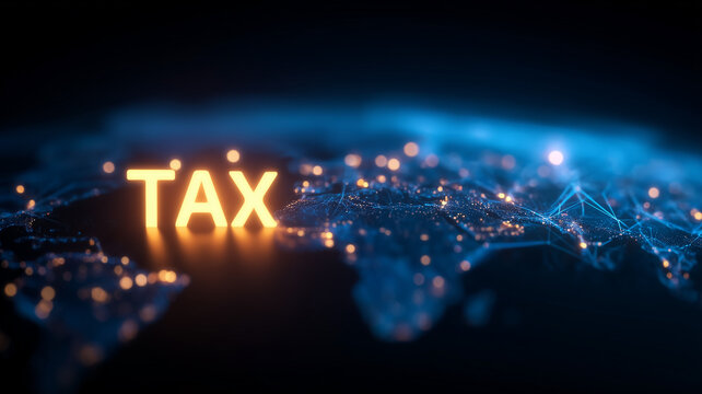 The word tax over a digital world map representing global taxation, fiscal compliance and international financial reporting.
