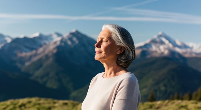 Woman senior enjoying peace and mindfulness in nature breathing mountain serenity