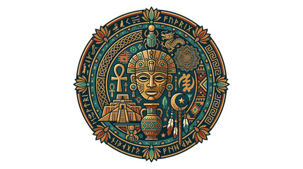 Obraz premium Ancient African Tribal Mask and Symbols Circular Emblem - Cultural Heritage