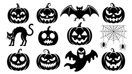Halloween-themed jack o lanterns and spooky icons set with bats and ghosts © jayeda