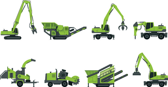 Vector Illustration Set of Industrial Heavy Machinery for Demolition Recycling Waste Management and Scrap Metal Handling