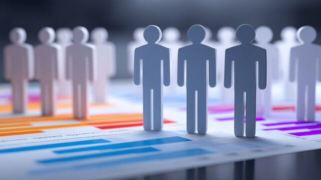 Paper people standing on charts representing workforce analytics, human resources planning and business population data.
