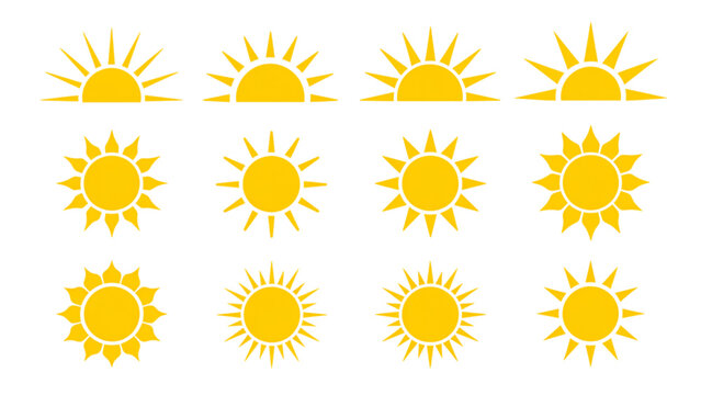 Set of cheerful yellow sun icons arranged in a grid pattern