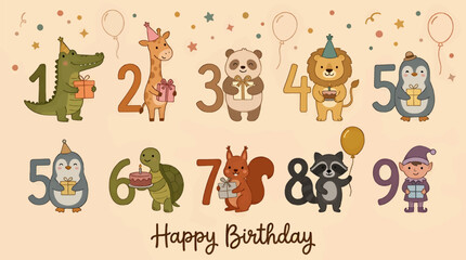 Obraz premium Cute Cartoon Animals with Numbers 1-9 for Birthday Celebration, Pastel Colors and Confetti Background, Flat Vector Illustration with Gifts and Party Hats