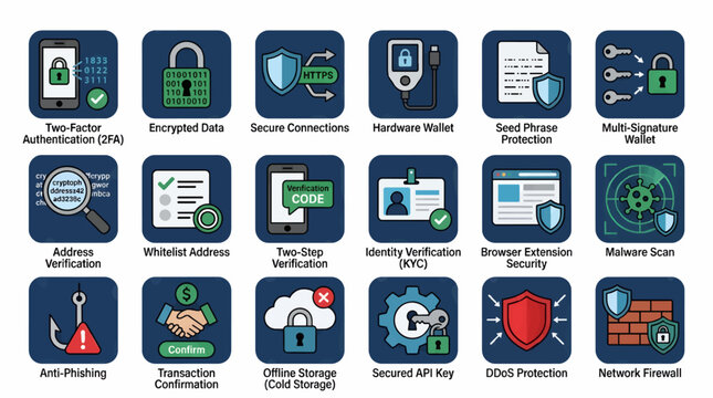 Cybersecurity Icons Set: Flat Vector Graphics for Digital Security Concepts, Including 2FA, Encrypted Data, Hardware Wallet, Anti-Phishing, and Network Firewall