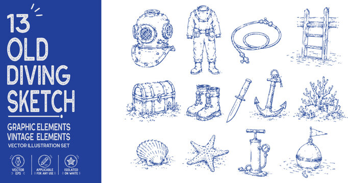 Old school diving sketch collection. Hand drawn vintage diving elements. Diving helmet, diving suit, treasure chest, anchor, oxygen pump. Trendy vector set