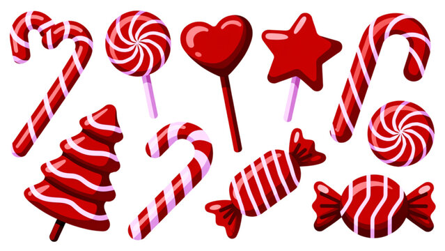 Colorful assortment of striped candy canes and heart-shaped candies