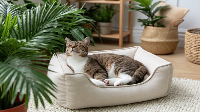 Cat tabby resting in a cozy pet bed inside a bright home filled with green plants