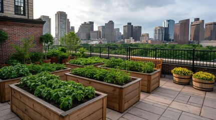 Fototapeta premium Rooftop vegetable garden in raised beds on an urban terrace with a city skyline