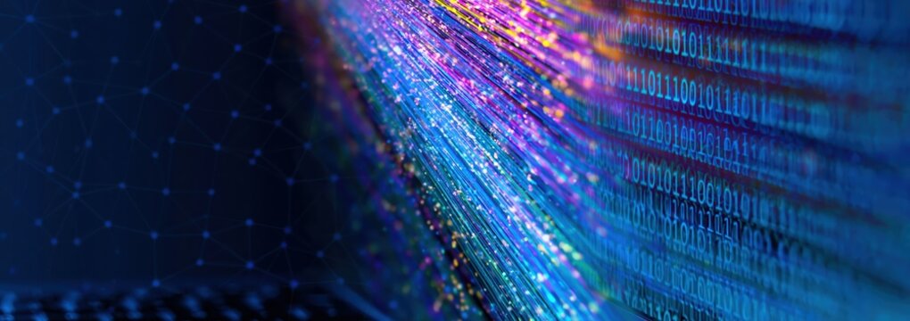 Technology abstract background with digital data streaming through fiber optic code