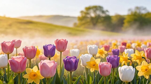 Colorful tulips and daffodils in field