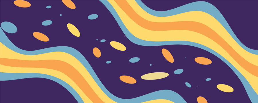 Abstract retro banner background with flowing colorful diagonal waves, dark purple backdrop, and floating oval shapes. Vibrant psychedelic design for modern backdrops and prints.