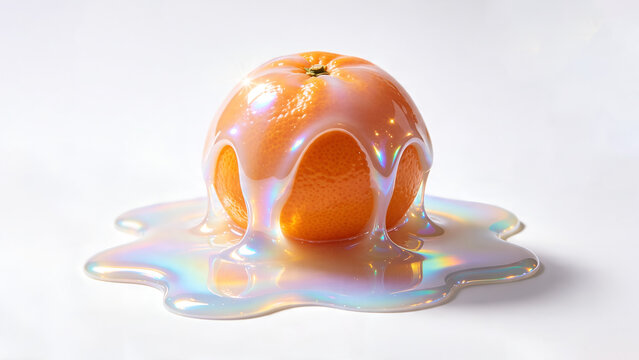 Glossy orange fruit coated in melting translucent iridescent holographic slime isolated on a clean minimalist white studio background for creative advertisements.