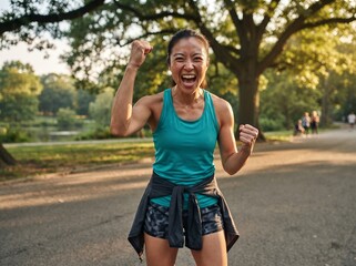 Fototapeta premium Excited fit woman celebrating fitness success outdoor in sunny park