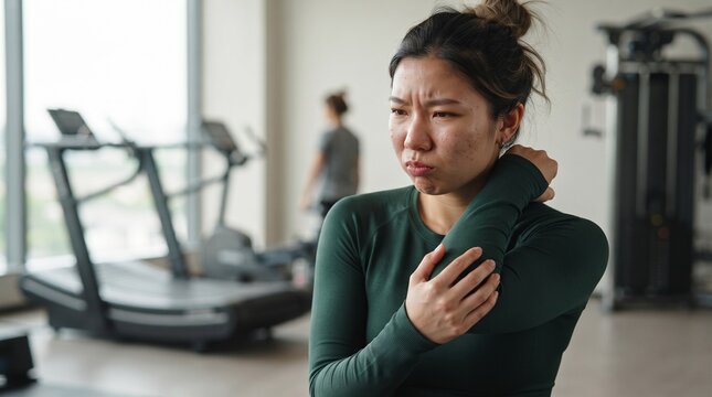 Asian female athlete touching painful elbow suffering gym injury