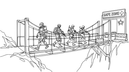 Obraz premium Soldiers Crossing Bridge to Safe Zone - Military Mission Illustration