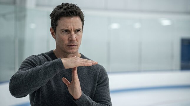 Serious man showing time out gesture standing on ice rink