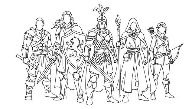 Fantasy Warrior Team Lineup: Knights, Archer, Mage, and Warrior