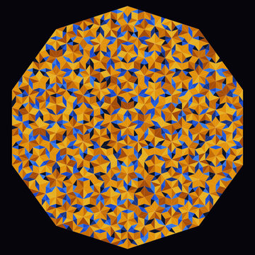 Golden and Blue Geometric Tiling Forming an Aperiodic Star Mandala, Embodying Mathematical Harmony and Complex Algorithmic Art