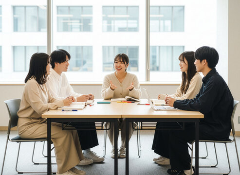 ゼミのディスカッションで活発に意見を交わす日本の大学生グループ１