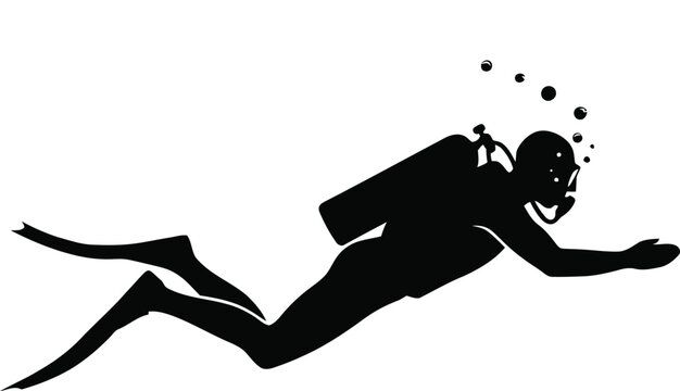Silhouette scuba diver swimming underwater with oxygen tank releasing bubbles representing deep sea exploration adventure marine sports concept vector illustration