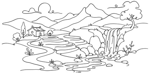 Fototapeta premium Serene Mountain Village with Waterfall Landscape