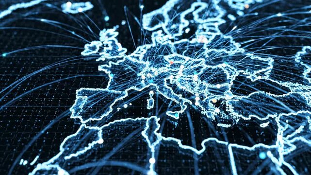 Digital world map zooming into Europe with glowing network connections