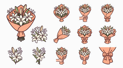Flat Vector Icons of Elegant Lily Bouquets in Peach Paper Wrapping, Various Compositions Including Single Stems, Hand-Held Arrangements, and Bow Details, Clean Graphic Resource Set © mohammad