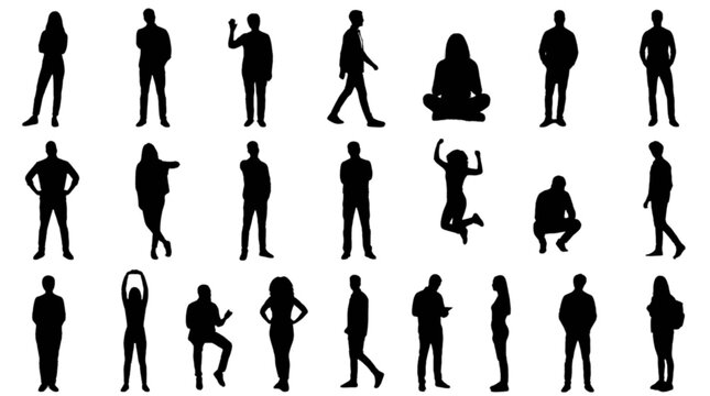 Silhouette people icons in various poses and actions isolated on transparent background, Vector