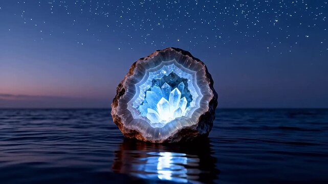Crystal geode on water under night sky