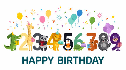 Fototapeta premium Happy Birthday Numbers 1-9 with Cute Animals and Elf, Festive Balloons, Flat Vector Illustration, Confetti and Gifts