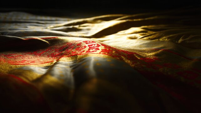 chador. Traditional Assamese silk garment with gold and red patterns on dark background. event programs, museum guides, designed for cultural heritage projects and event programs.