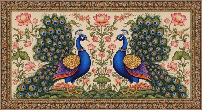 Exquisite Indian Miniature Painting of Two Peacocks Amidst Floral Designs.