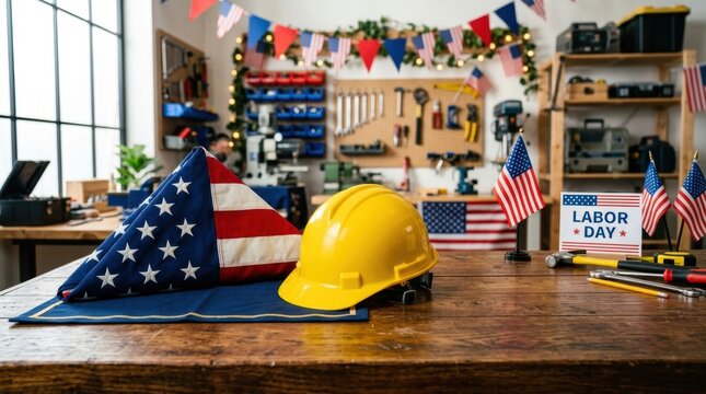 Labor Day Celebration Decorations and Festive Workspace Setup.