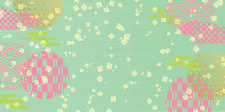 Elegant Japanese traditional pattern green background with gold foil flakes