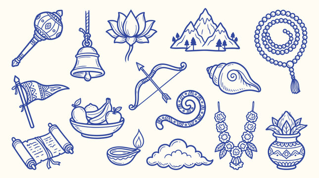 Collection of Hindu religious symbols and cultural icons in a hand-drawn doodle style.