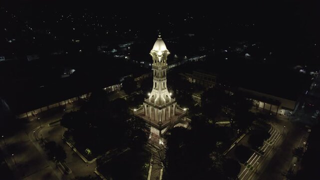 Aerial view of the iconic San Vicente Clock Tower (Torre del Reloj) located in the historic center of San Vicente, El Salvador.