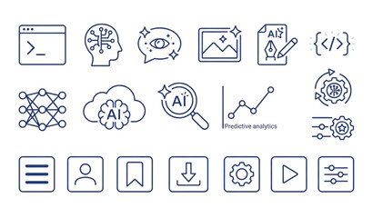 Fototapeta premium Artificial intelligence tools and command prompt UI icons collection vector