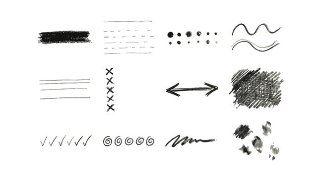 Hand drawn charcoal pencil sketches featuring diverse artistic textures lines dots and abstract messy patterns