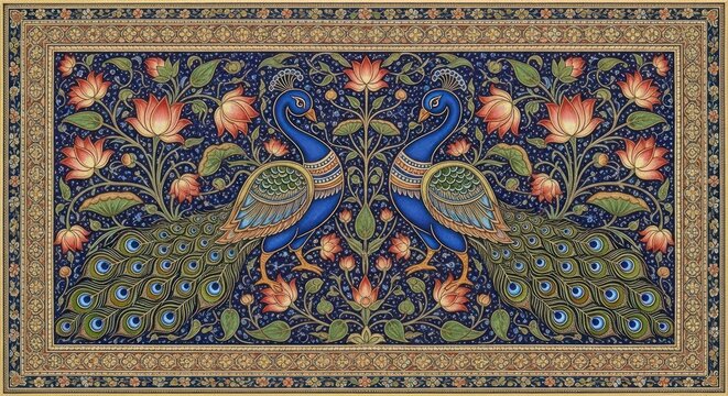 Exquisite Indian Miniature Painting of Two Peacocks Amidst Floral Designs.