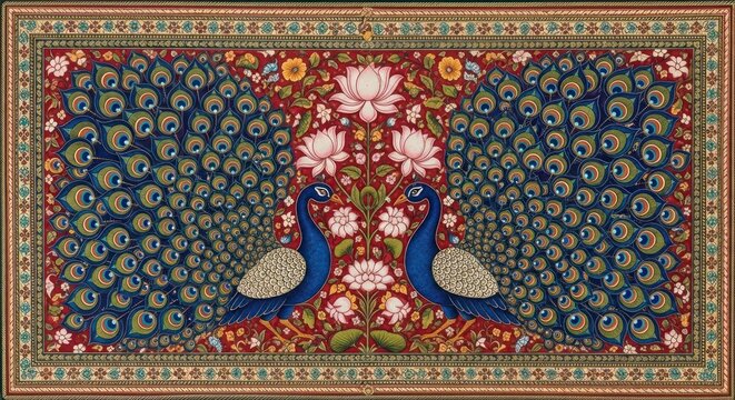 Exquisite Indian Miniature Painting of Two Peacocks Amidst Floral Designs.
