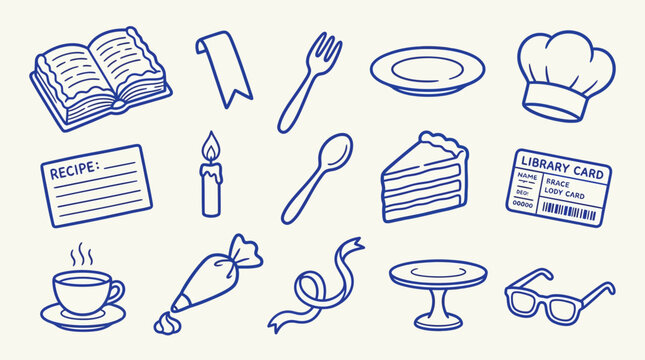 Collection of hand-drawn baking and cooking icons, including a recipe book, chef's hat, cake, and coffee cup.